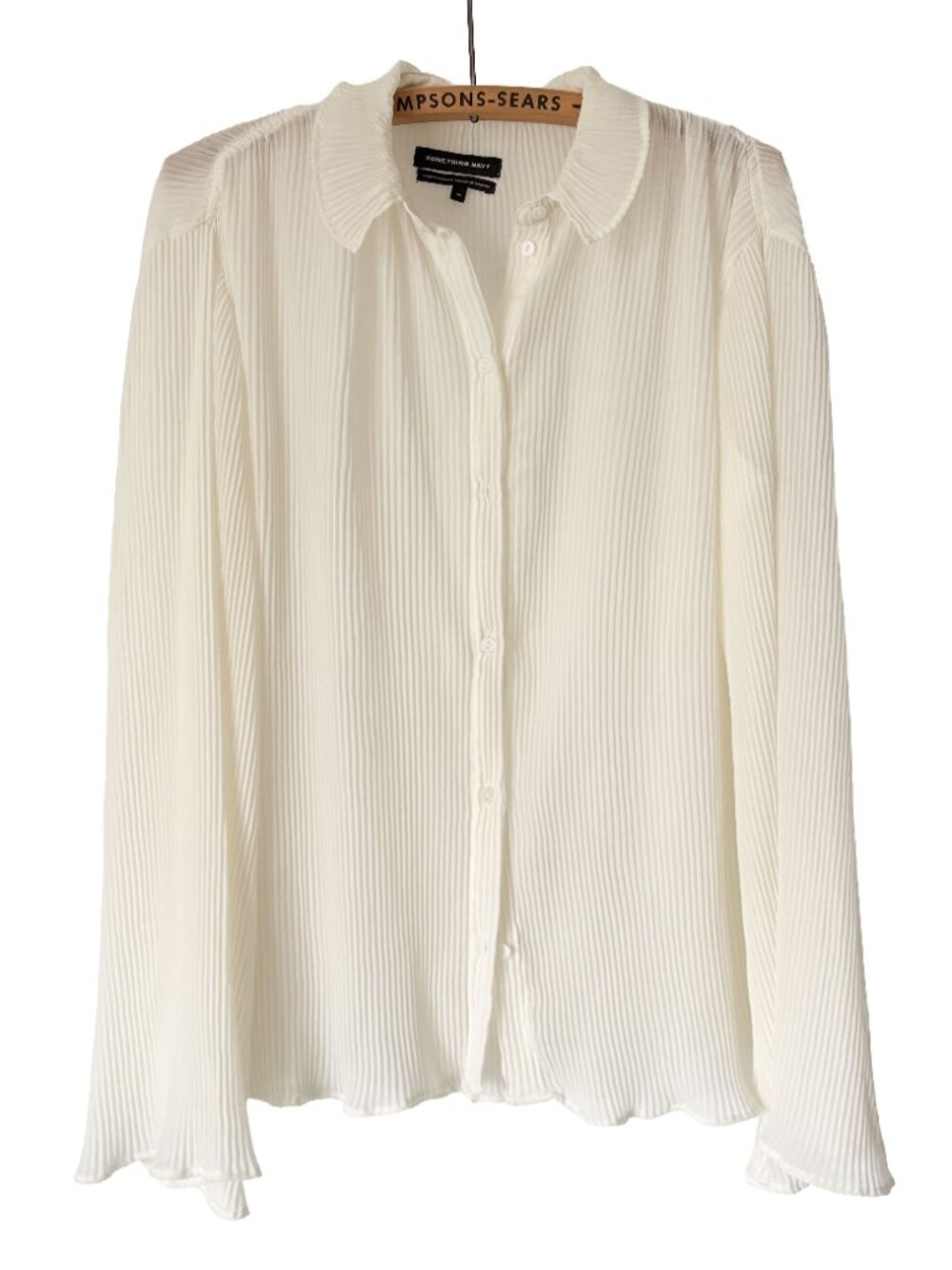 Something Navy Womens Pleated Button Up Blouse Tie Cuff Cream Ivory Size XS